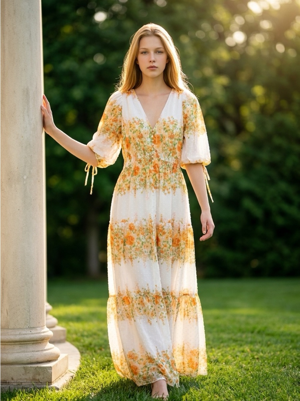 Boho White Maxi Dress with Orange Floral Print